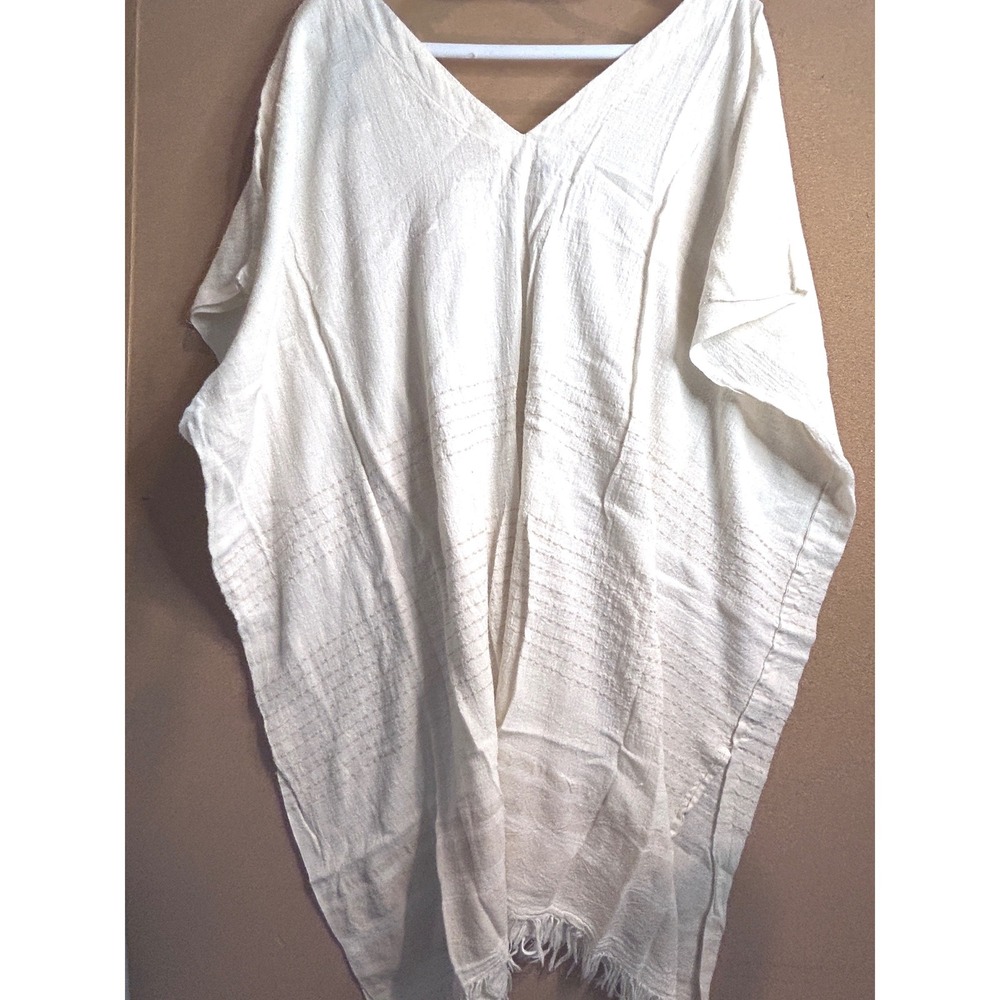 Bujibaja‎ Cotton Poncho Coverup Womens OS Cream Fringe V-Neck Made in Turkey